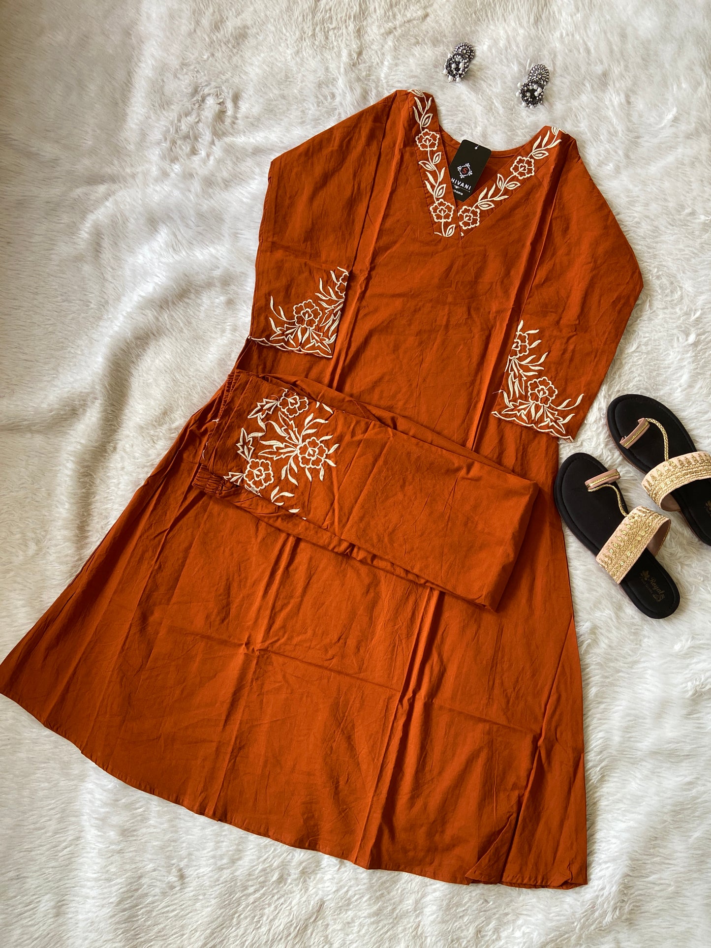 Aline Kurti With Embroidery Neck Work And Palazzo Work. Cotton Aline Kurti Sets For Women