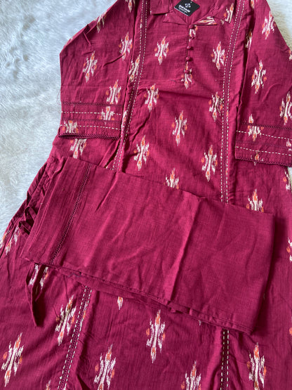 Ikkat Print, Cotton Aline Kurti With Palazzo. Cotton Kurti Sets For Women Online India. Shop the Latest Festive Summer Collection at Shivani Designer Kurti.