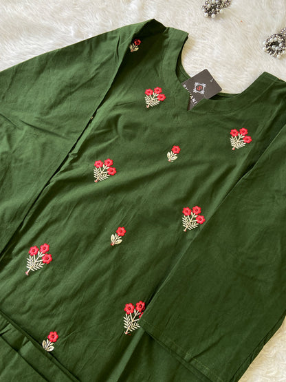 Flower Embroidery Work Aline Kurti With Plain Palazzo. Cotton Aline Kurti Sets For Women