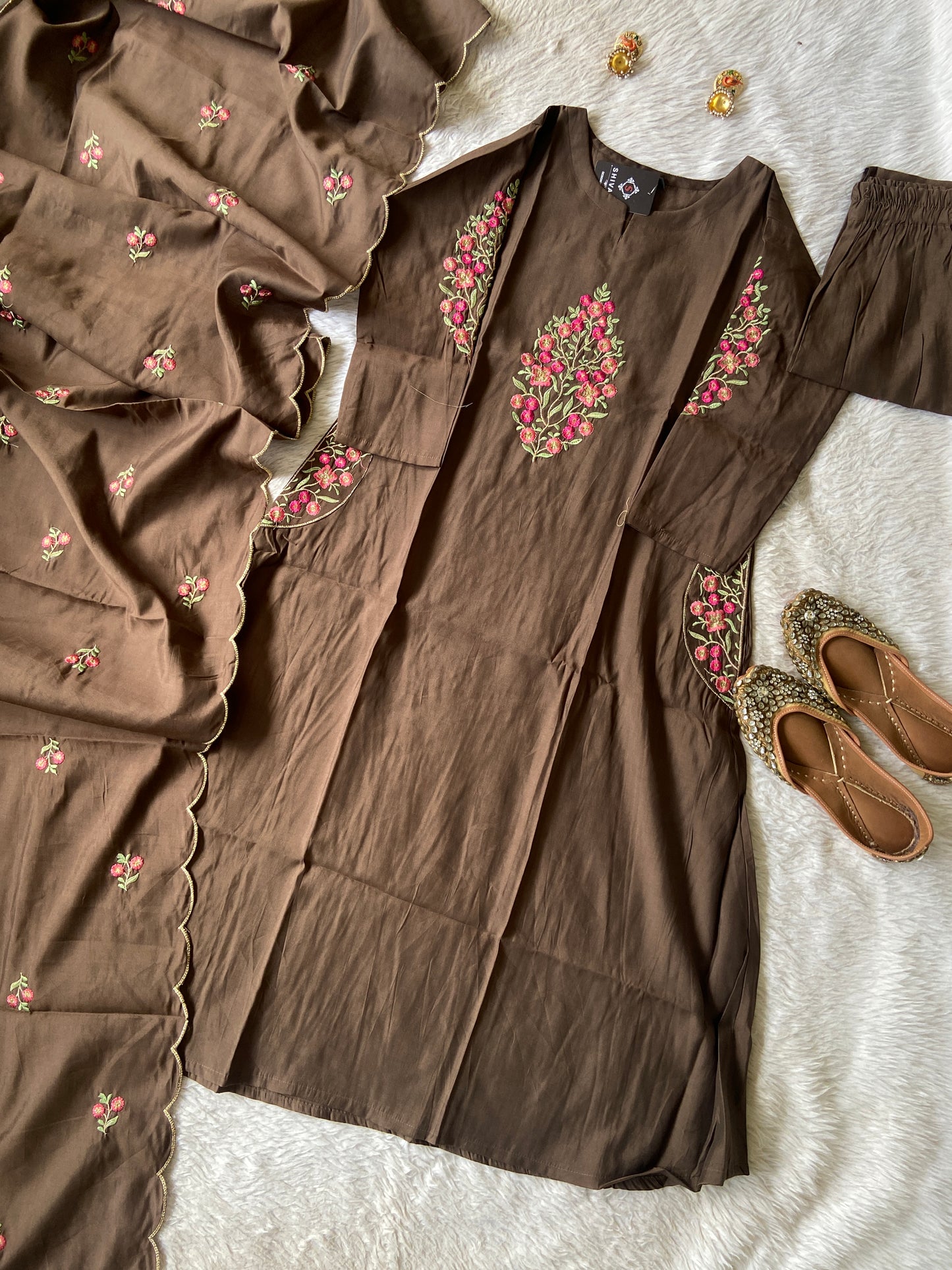 Roman Silk Aline Kurti With Pant And Dupatta. (No Lining). Silk Suit Sets For Women Online India. Shop the Latest Festive Summer Collection at Shivani Designer Kurti.