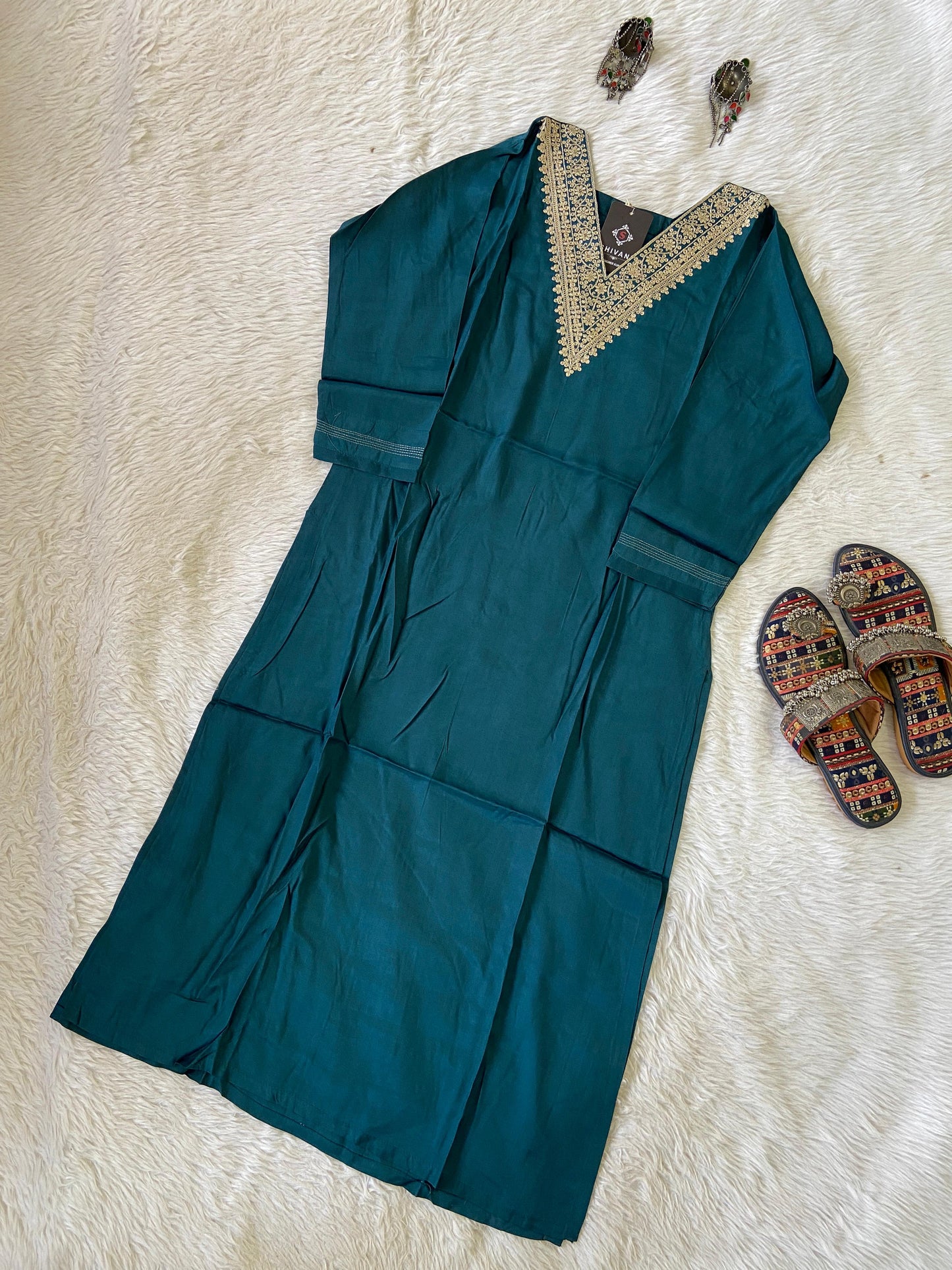 Golden Embroidery Work In VNeck, Silk StraightCut Kurti For Women