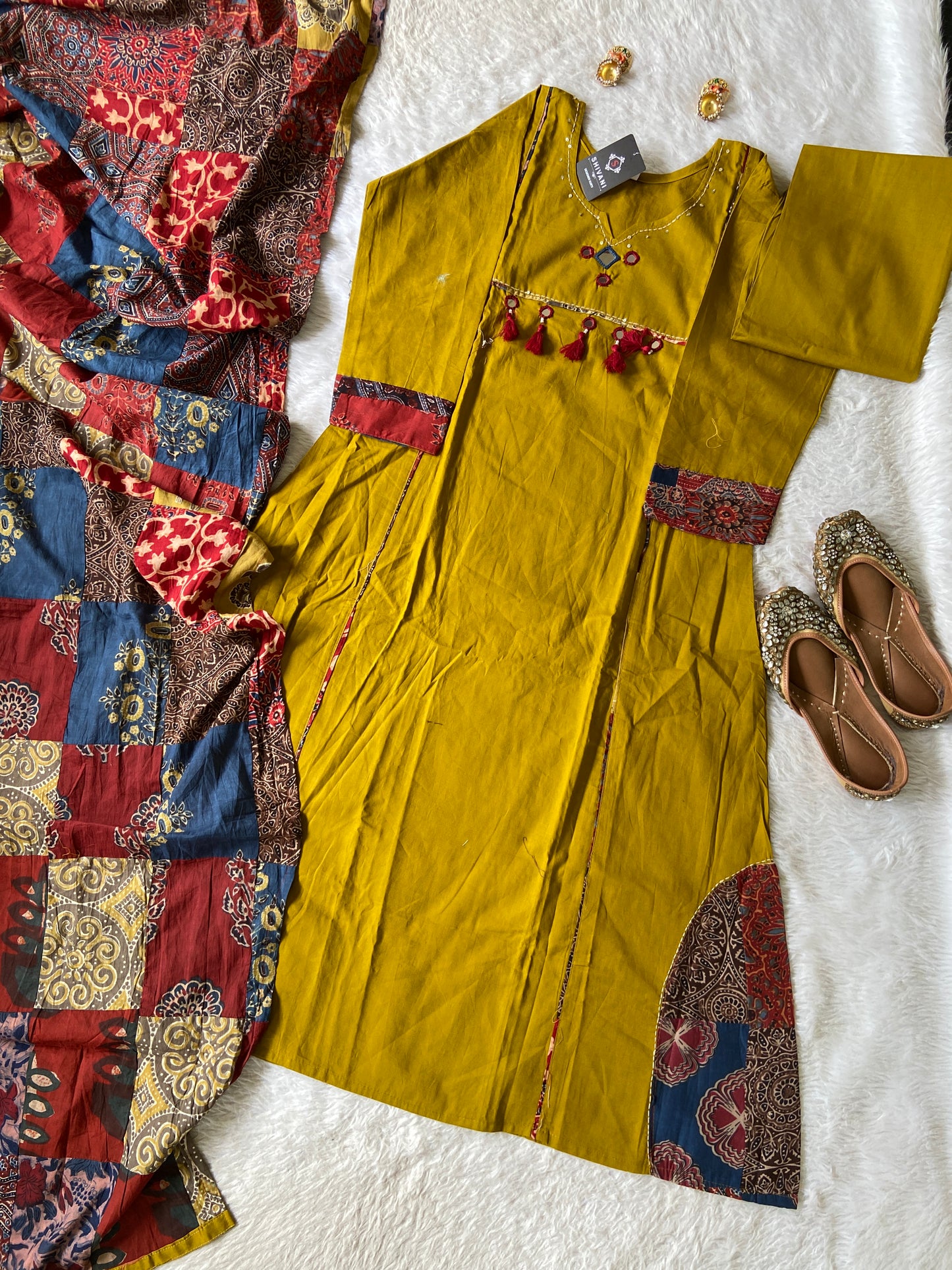 Cotton Hand Work Aline Kurti With Palazzo And Dupatta (Gamthi Pair). Cotton Suit Sets For Women Online India. Shop the Latest Festive Summer Collection at Shivani Designer Kurti.