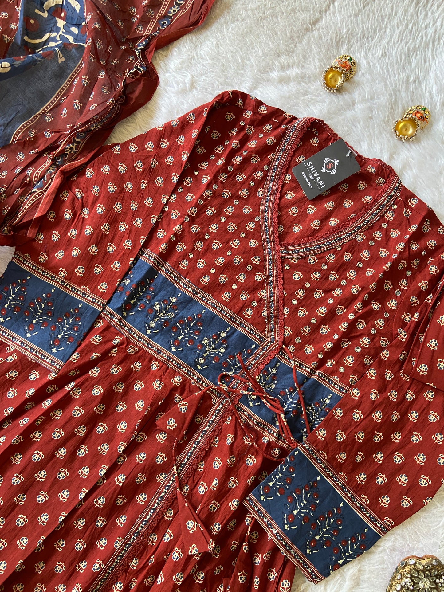 Jaipuri Cotton Angarakha Style Anarkali Kurti With Pant And Dupatta. Cotton Suit Sets For Women Online India. Shop the Latest Festive Summer Collection at Shivani Designer Kurti.