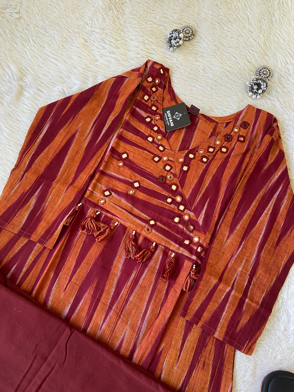 Ikkat Print Cotton Aline Kurti With Palazzo. Cotton Kurti Sets For Women Online India. Shop the Latest Festive Summer Collection at Shivani Designer Kurti.