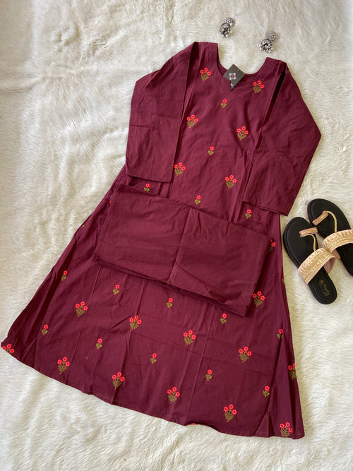 Flower Embroidery Work Aline Kurti With Plain Palazzo. Cotton Aline Kurti Sets For Women.