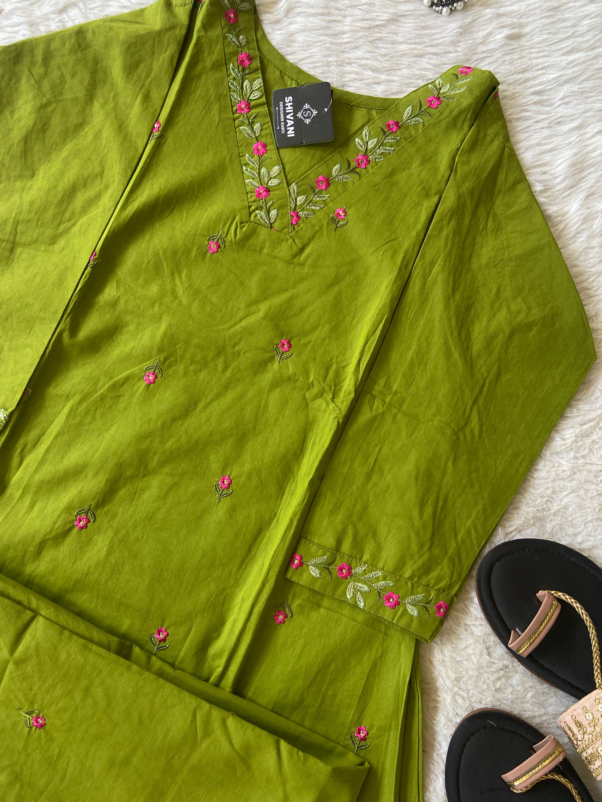Flower Embroidery Work Cotton Aline Kurti With Palazzo. Cotton Kurti Sets For Women Online India. Shop the Latest Festive Summer Collection at Shivani Designer Kurti.