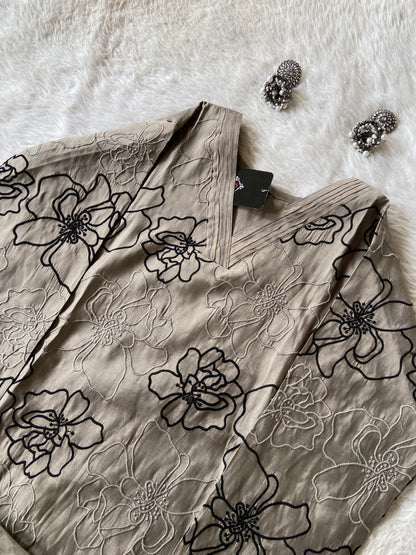 Flower Design Embroidery Work In Aline Kurti With Plain Palazzo, Silk Aline Kurti Sets For Women