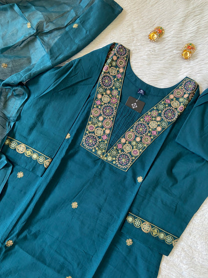Embroidery Work Cotton Straight Cut Kurti With Pant And Dupatta. Cotton Suit Sets For Women Online India. Shop the Latest Festive Summer Collection at Shivani Designer Kurti.