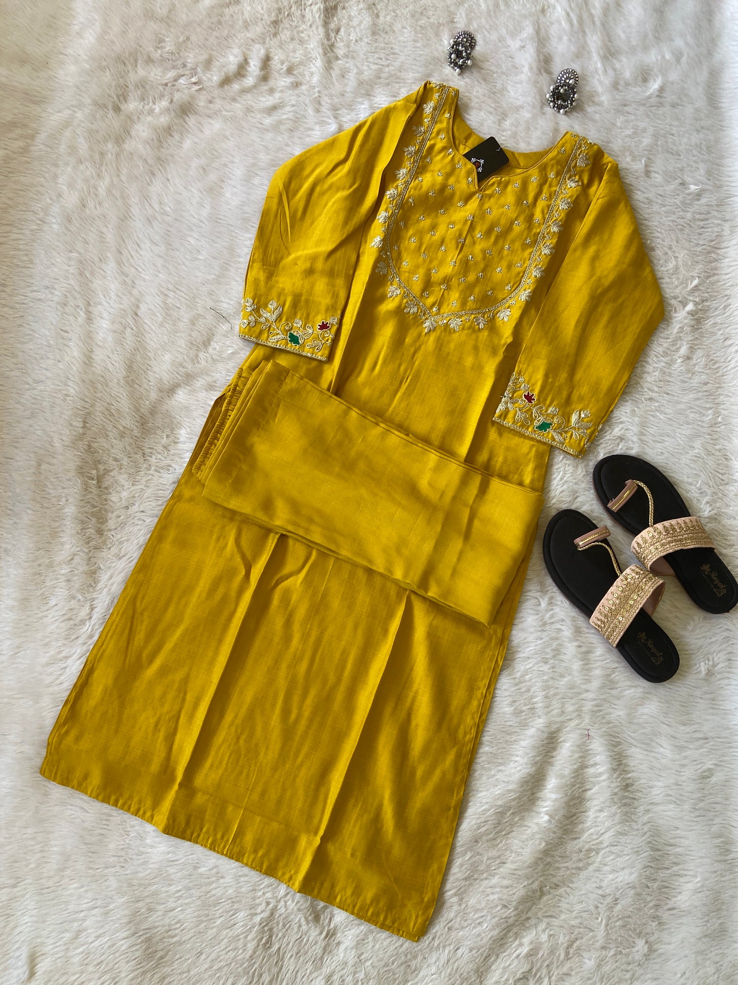 Sleeve Work And Neck Work Kurti With Matching Palazzo, Silk StraightCut Kurti Sets For Women