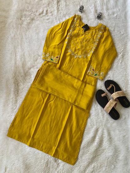 Sleeve Work And Neck Work Kurti With Matching Palazzo, Silk StraightCut Kurti Sets For Women