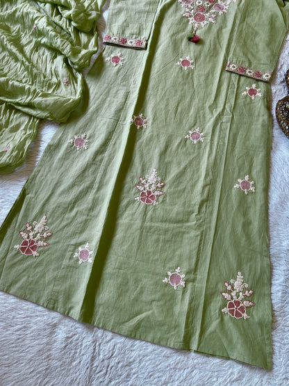 Embroidery Work Cotton Aline Kurti, Pant And Dupatta. Cotton Suit Sets For Women Online India. Shop the Latest Festive Summer Collection at Shivani Designer Kurti.