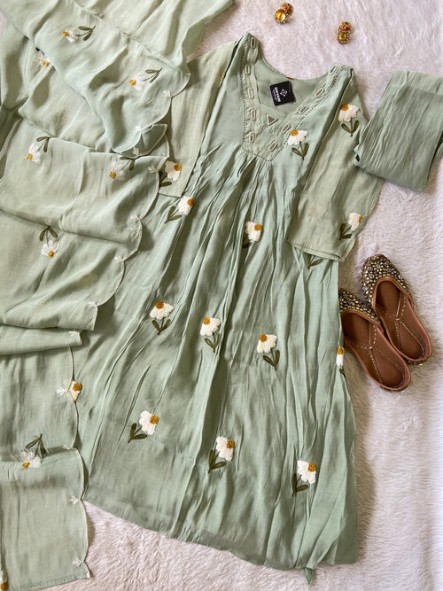 Mirror Work V-Neck With Flower Work Embroidery, Aline Kurti (Full Lining) With Pant And Dupatta. Silk Suit Sets For Women Online India. Shop the Latest Festive Summer Collection at Shivani Designer Kurti.