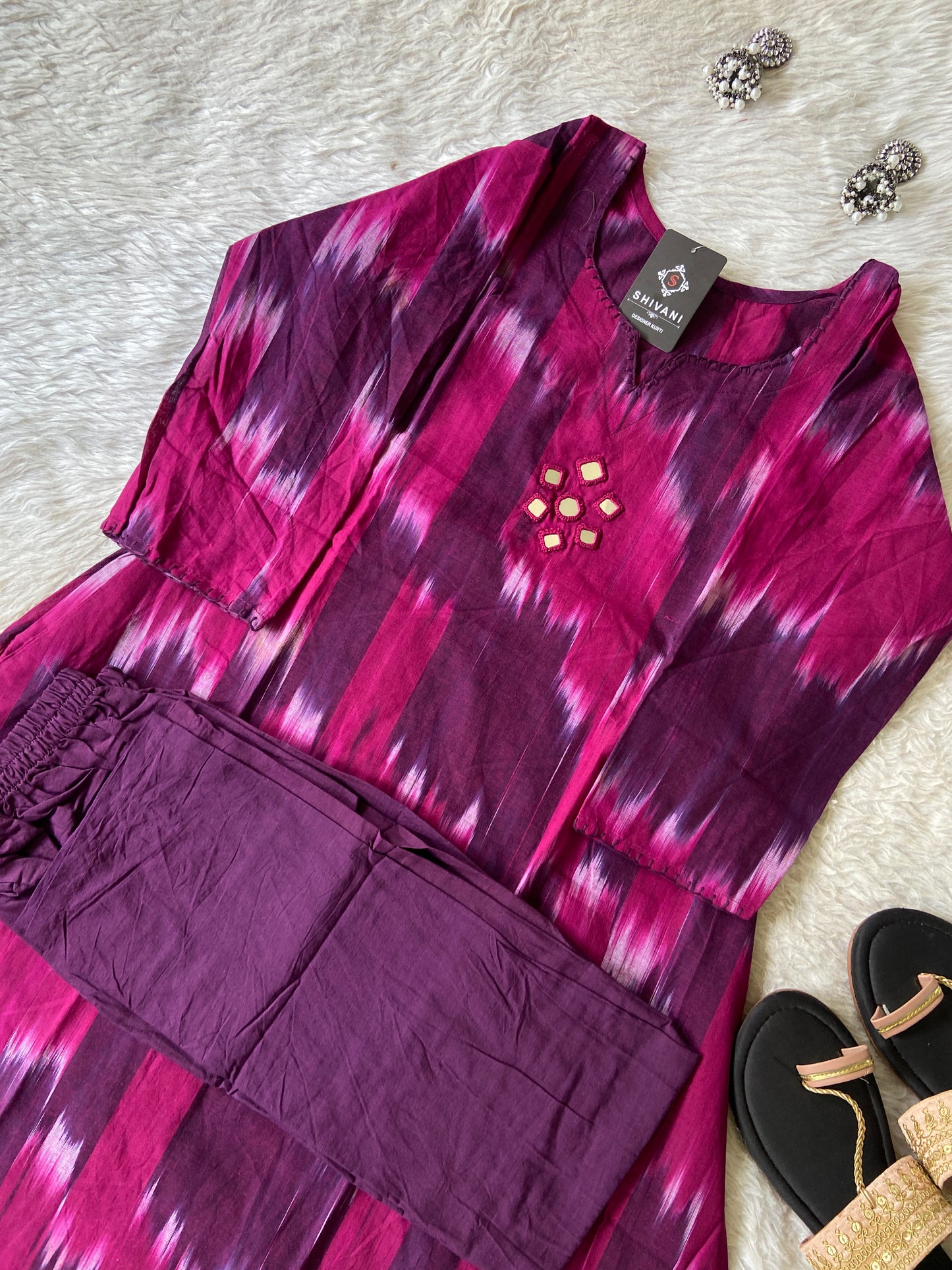 Ikkat Print Cotton Aline Kurti With Palazzo. Cotton Aline Kurti Sets For Women Online India. Shop the Latest Festive Summer Collection at Shivani Designer Kurti.