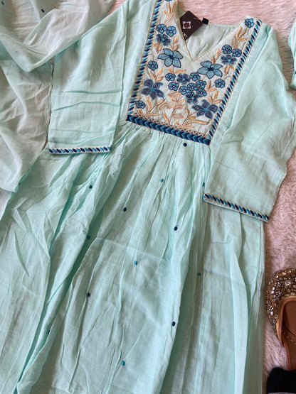 Flower Embroidery Work Cotton Aline Kurti, Pant And Dupatta. Cotton Suit Sets For Women Online India. Shop the Latest Festive Summer Collection at Shivani Designer Kurti.