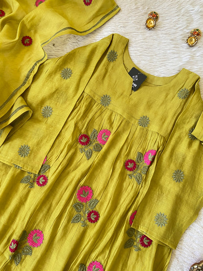 Flower Embroidery Work Coral Silk Aline Kurti With Palazzo And Dupatta. Silk Suit Sets For Women Online India. Shop the Latest Festive Summer Collection at Shivani Designer Kurti.