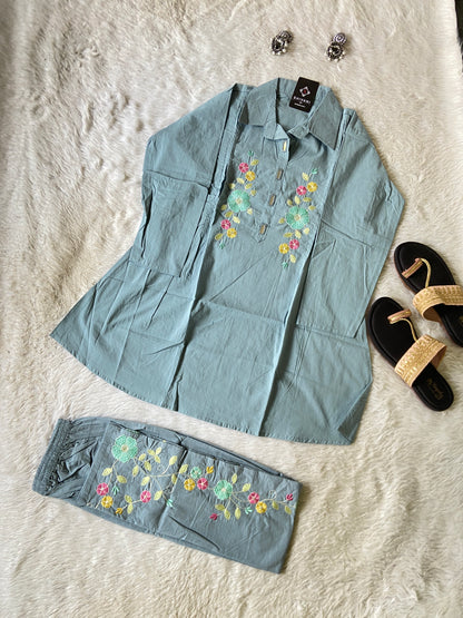 Beautiful Embroidery Work Cotton Co-ord Set With Palazzo. Cotton Co-ord Sets For Women Online India. Shop the Latest Festive Summer Collection at Shivani Designer Kurti.