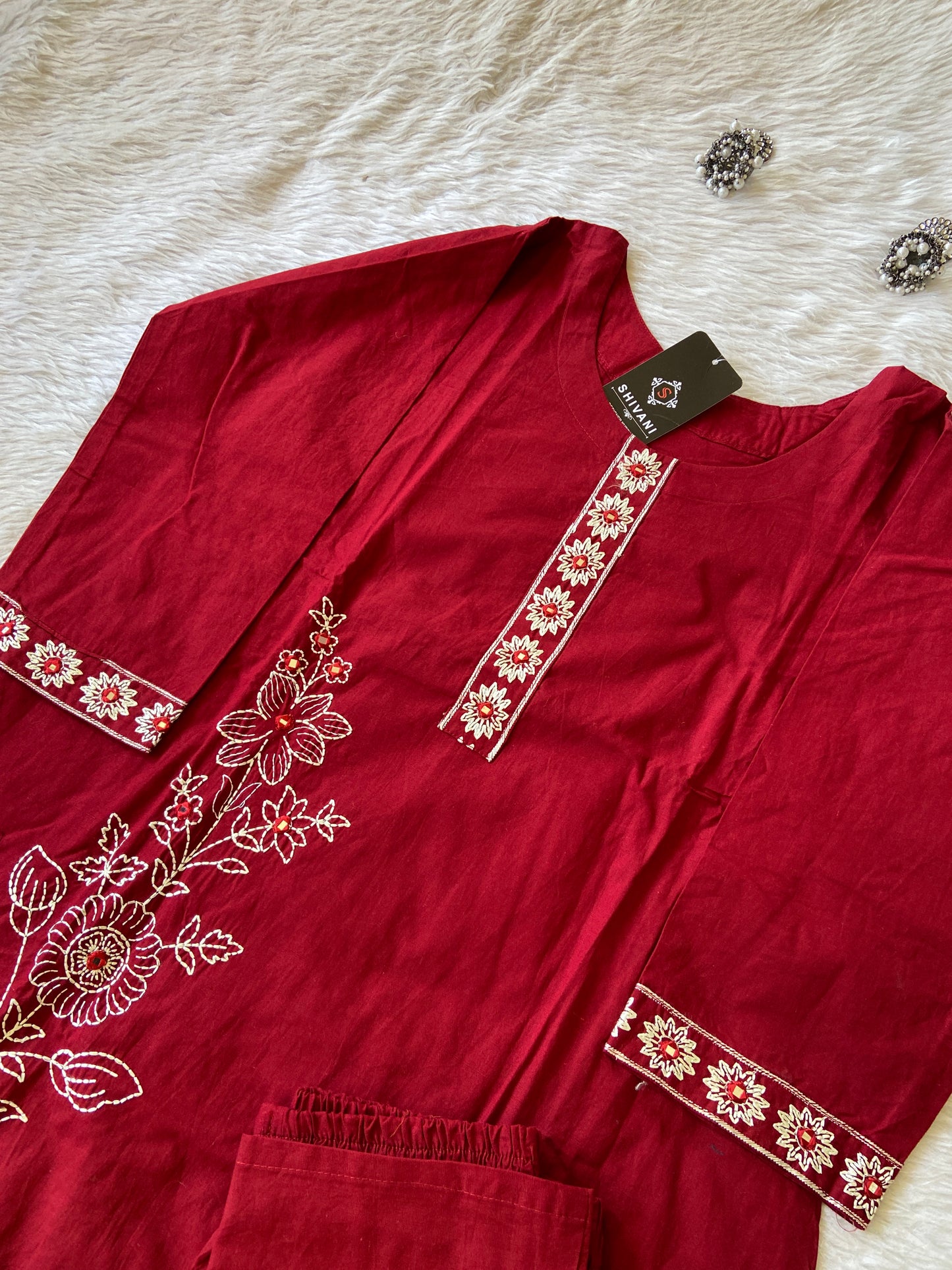 White Embroidery Work In Kurti With Matching Palazzo, Cotton Aline Kurti Sets For Women