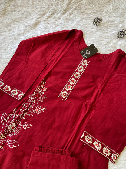 White Embroidery Work In Kurti With Matching Palazzo, Cotton Aline Kurti Sets For Women