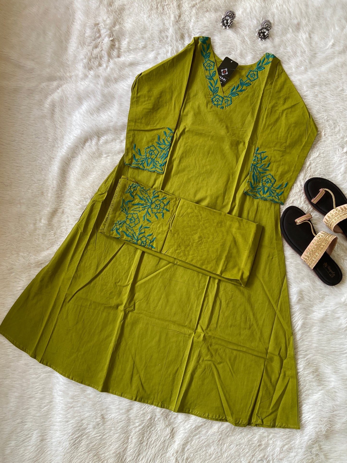 Aline Kurti With Embroidery Neck Work And Palazzo Work. Cotton Aline Kurti Sets For Women