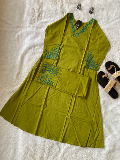 Aline Kurti With Embroidery Neck Work And Palazzo Work. Cotton Aline Kurti Sets For Women