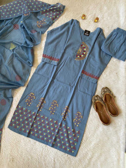Mirro Hand Work Cotton Straight Cut Kurti With Palazzo And Dupatta. Cotton Suit Sets For Women Online India. Shop the Latest Festive Summer Collection at Shivani Designer Kurti.