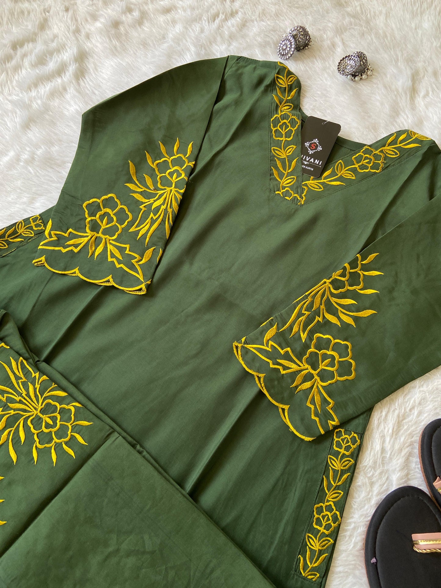 Embroidery Work In Sleeeve, Pocket And Palazzo. Silk Aline Kurti Sets For Women