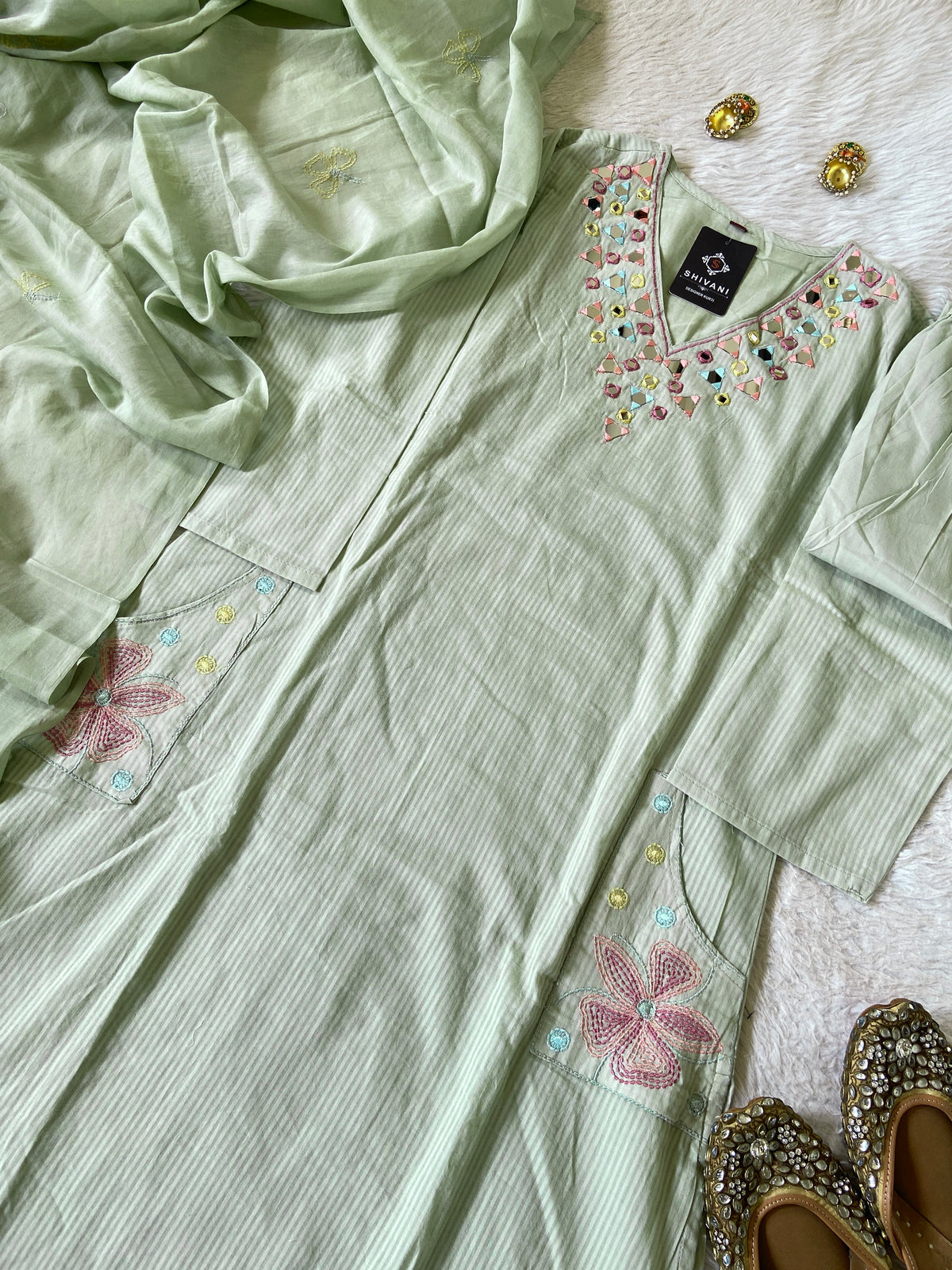 Mirror Work Cotton Straight Cut Kurti With Pant And Dupatta. Cotton Suit Sets For Women Online India. Shop the Latest Festive Summer Collection at Shivani Designer Kurti.