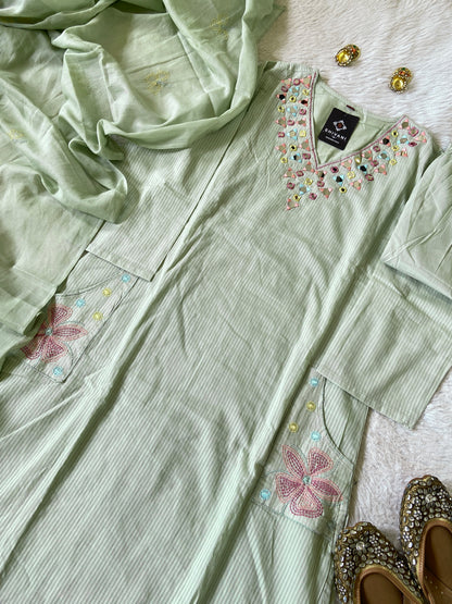 Mirror Work Cotton Straight Cut Kurti With Pant And Dupatta. Cotton Suit Sets For Women Online India. Shop the Latest Festive Summer Collection at Shivani Designer Kurti.