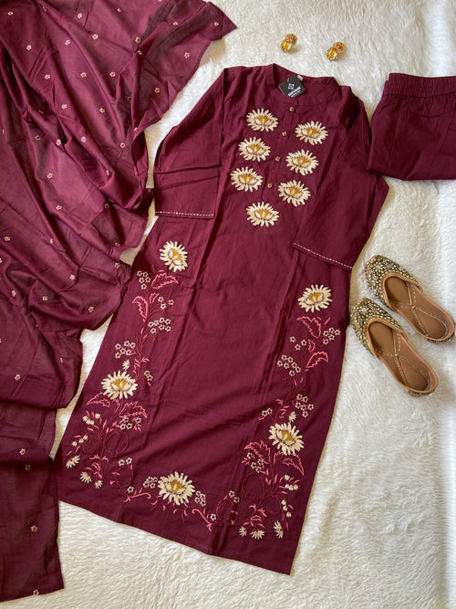 Flower Embroidery Work Cotton Straight Kurti, Pant And Dupatta. Cotton Suit Sets For Women Online India. Shop the Latest Festive Summer Collection at Shivani Designer Kurti.