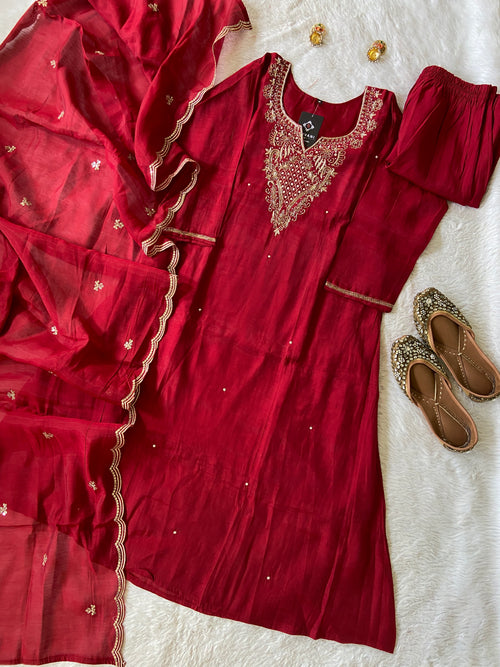 Handwork Aline Kurti With Palazzo And Dupatta. Silk Suit Sets For Women Online India. Shop the Latest Festive Summer Collection at Shivani Designer Kurti.