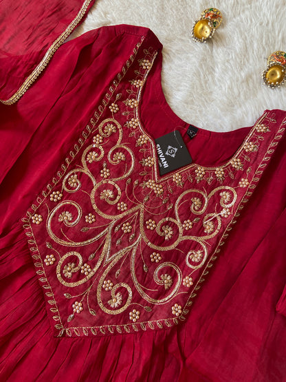 Embroidery Work Mul Chanderi ALine Kurti With Semi Palazzo And Dupatta. Silk Suit Sets For Women Online India. Shop the Latest Festive Summer Collection at Shivani Designer Kurti.