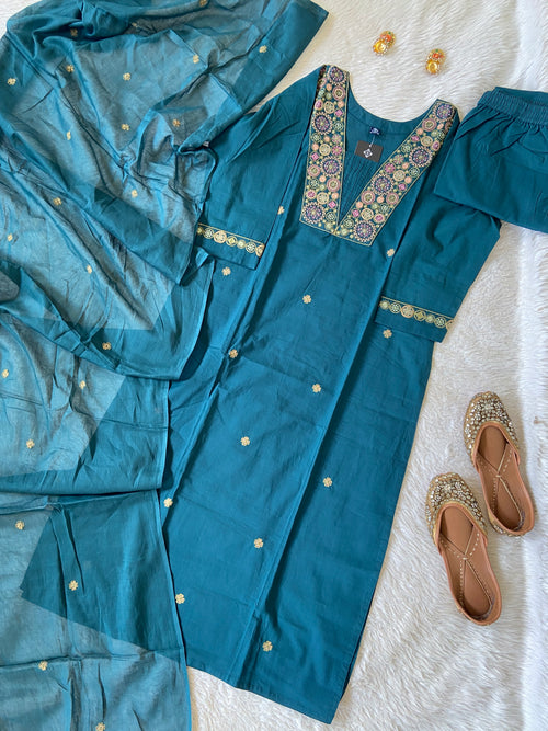 Embroidery Work Cotton Straight Cut Kurti With Pant And Dupatta. Cotton Suit Sets For Women Online India. Shop the Latest Festive Summer Collection at Shivani Designer Kurti.