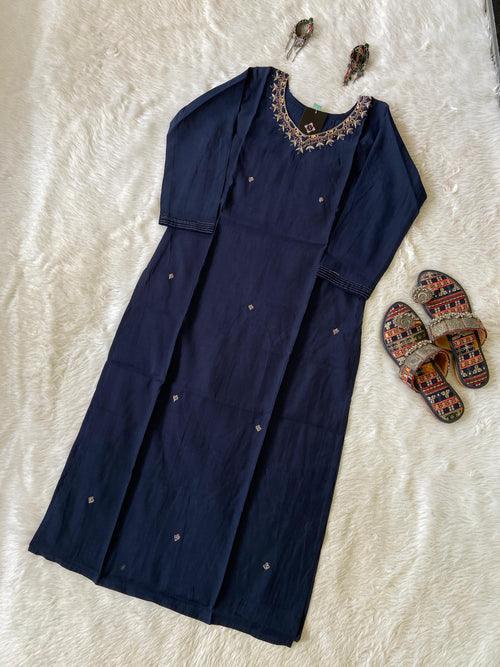 Handwork In Neck, Silk StraightCut Kurti For Women