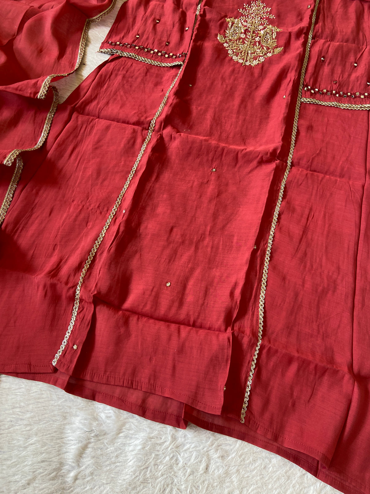 Mirror Work In Sleeve Mul Chanderi ALine Kurti With Semi Palazzo And Dupatta. Silk Suit Sets For Women Online India. Shop the Latest Festive Summer Collection at Shivani Designer Kurti.