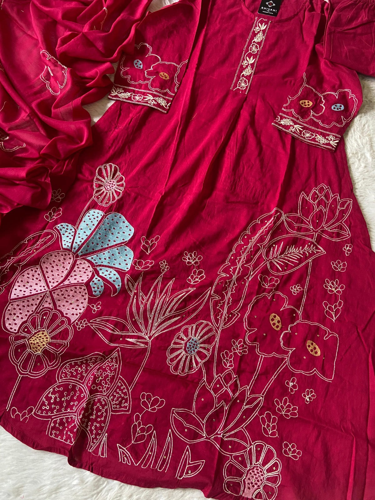 Aline Kurti With Embroidery Work, Pant, Dupatta. Cotton Aline Suit Set For Women