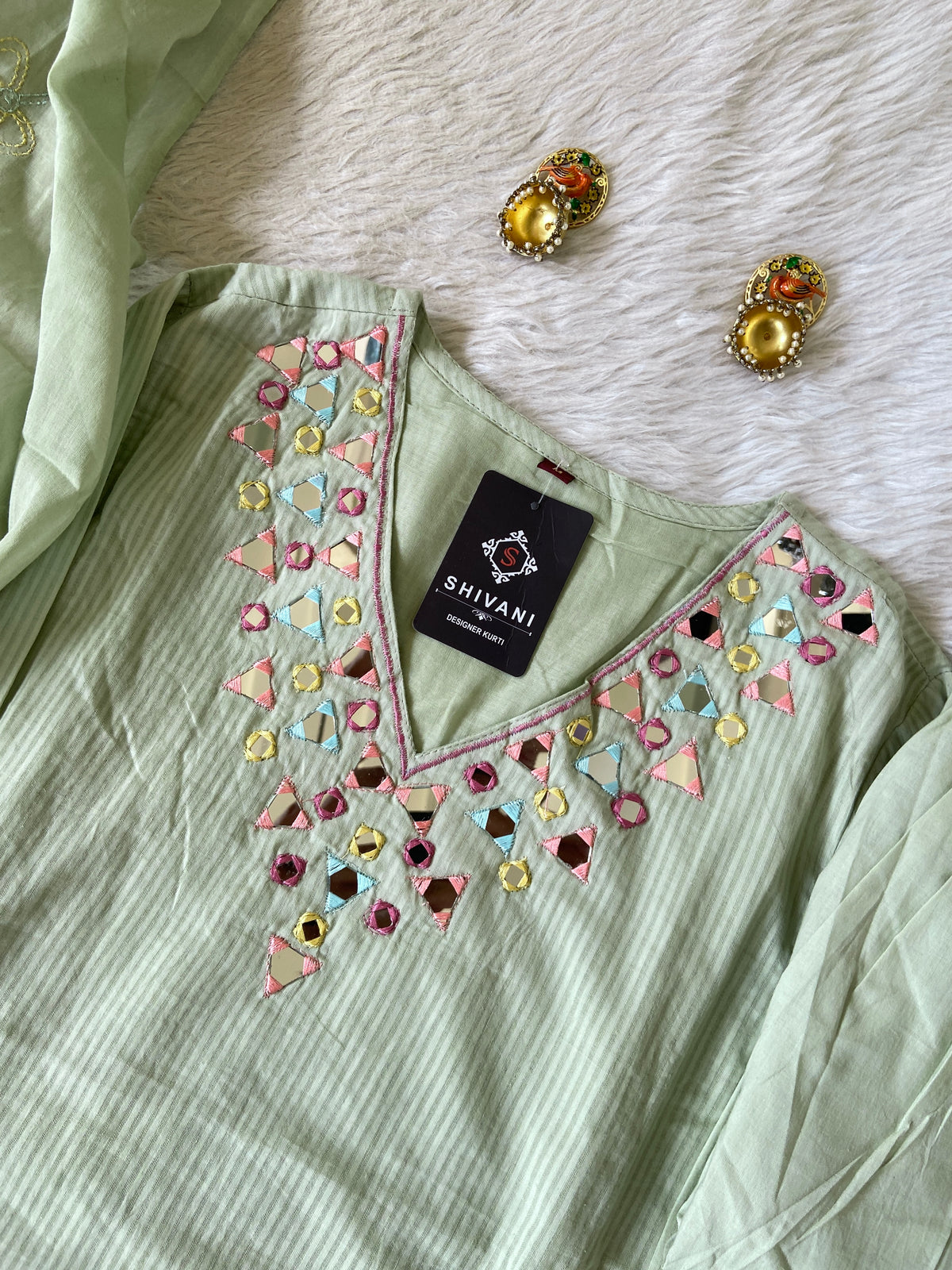 Mirror Work Cotton Straight Cut Kurti With Pant And Dupatta. Cotton Suit Sets For Women Online India. Shop the Latest Festive Summer Collection at Shivani Designer Kurti.