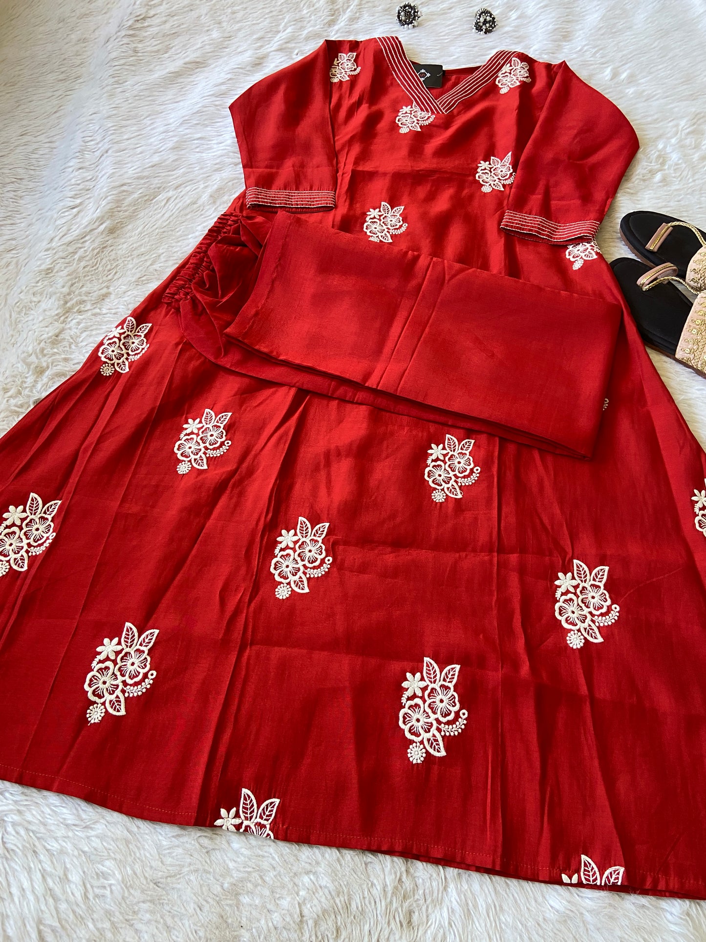 Embroidery Work In Aline Kurti With Matching Palazzo, Silk Aline Kurti Sets For Women