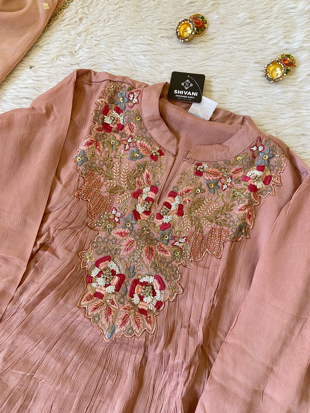 Premium Short Kurti Suit. Full Sleeve Chinnon Short Kurti With Full Flair Palazzo And Dupatta. Silk Suit Sets For Women Online India. Shop the Latest Festive Summer Collection at Shivani Designer Kurti.