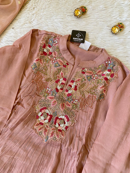 Premium Short Kurti Suit. Full Sleeve Chinnon Short Kurti With Full Flair Palazzo And Dupatta. Silk Suit Sets For Women Online India. Shop the Latest Festive Summer Collection at Shivani Designer Kurti.
