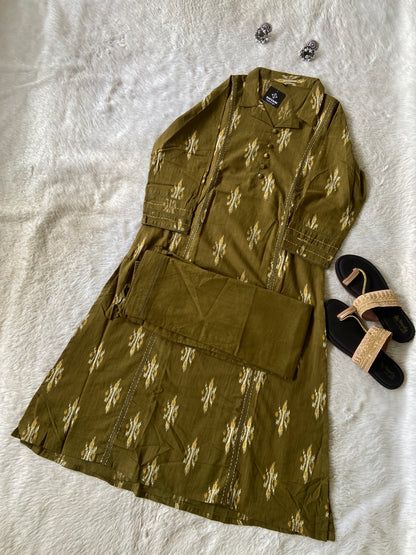 Ikkat Print, Cotton Aline Kurti With Palazzo. Cotton Kurti Sets For Women Online India. Shop the Latest Festive Summer Collection at Shivani Designer Kurti.