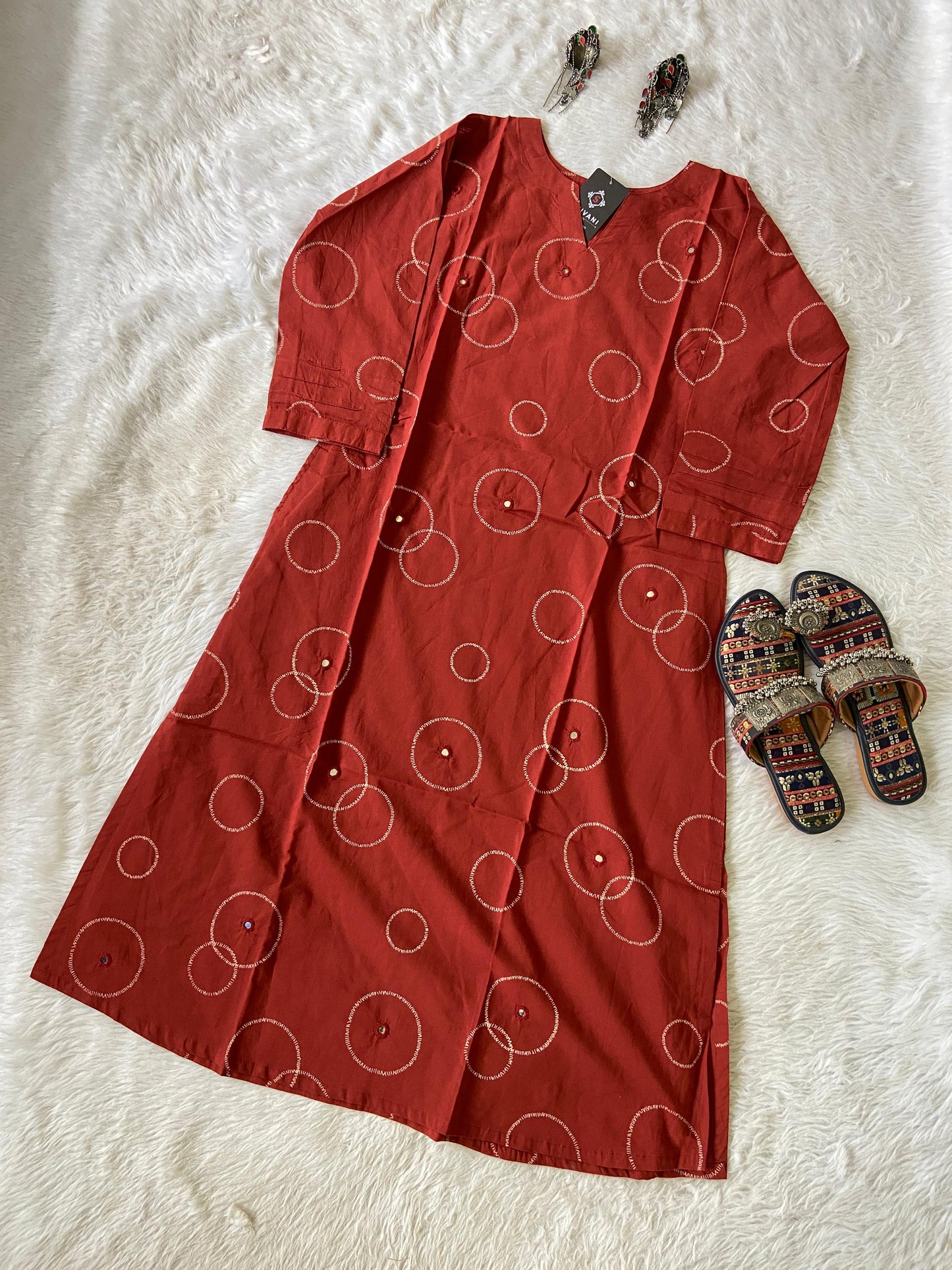 Printed Kurti With Mirror, LowCut Aline Cotton Kurti For Women