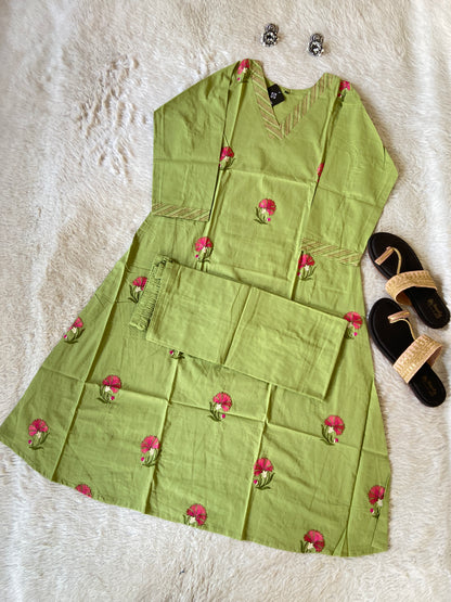 Embroidery Work Cotton Aline Kurti With Full Flair Palazzo. Cotton Kurti Sets For Women Online India. Shop the Latest Festive Summer Collection at Shivani Designer Kurti.