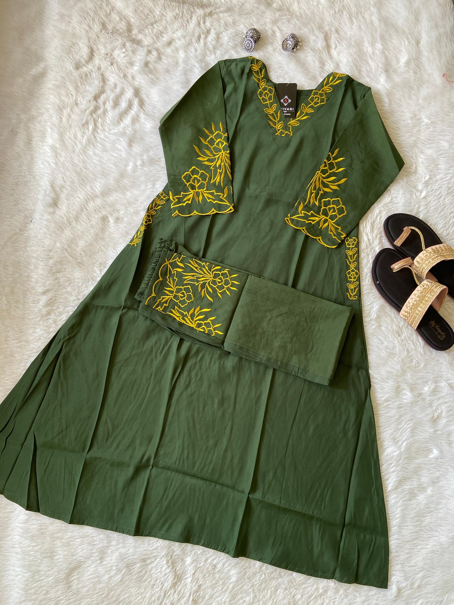 Embroidery Work In Sleeeve, Pocket And Palazzo. Silk Aline Kurti Sets For Women