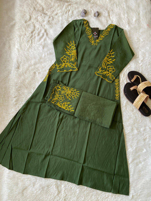 Embroidery Work In Sleeeve, Pocket And Palazzo. Silk Aline Kurti Sets For Women