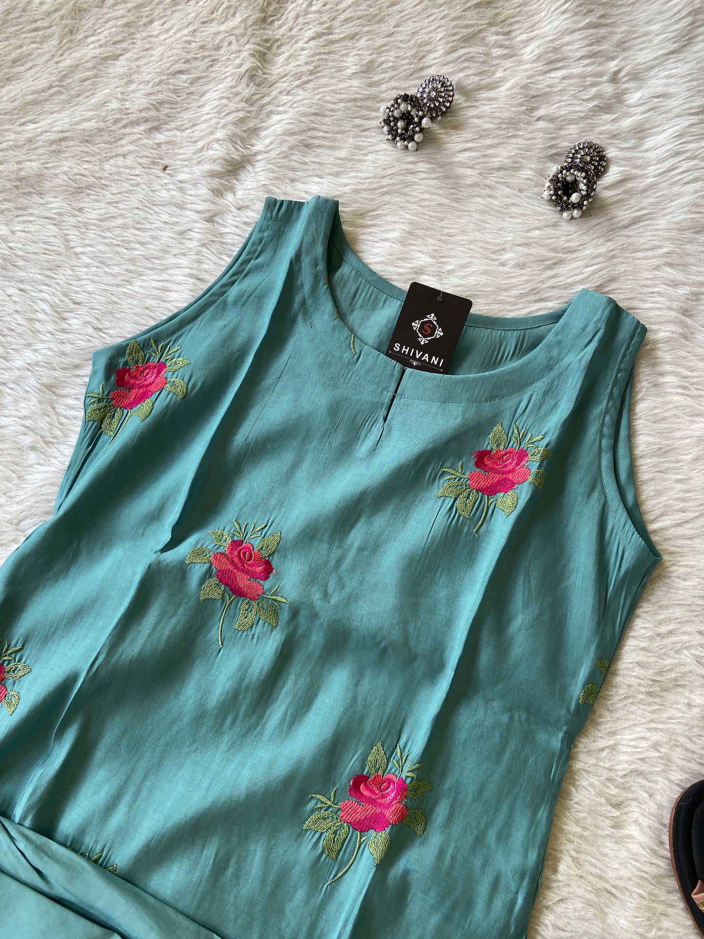 Sleeveless Kurti With Beautiful Embroidery Work And Plain Full Flair Palazzo. Silk Aline Kurti Sets For Women