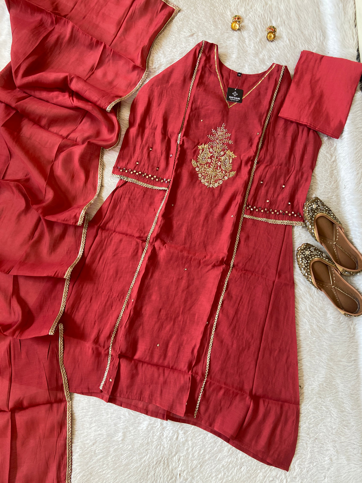 Mirror Work In Sleeve Mul Chanderi ALine Kurti With Semi Palazzo And Dupatta. Silk Suit Sets For Women Online India. Shop the Latest Festive Summer Collection at Shivani Designer Kurti.