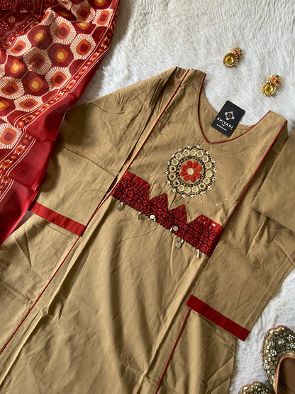 Cotton Hand Work Aline Kurti With Palazzo And Print Dupatta (Gamthi Pair). Cotton Suit Sets For Women Online India. Shop the Latest Festive Summer Collection at Shivani Designer Kurti.