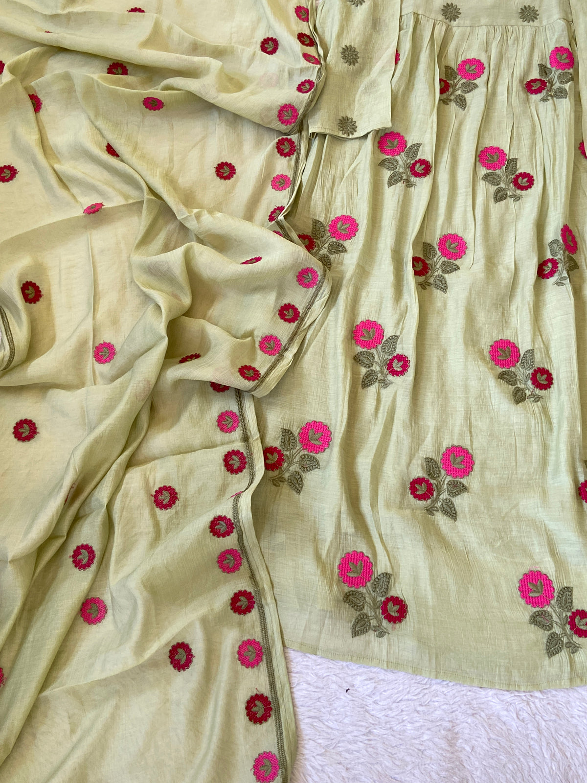 Flower Embroidery Work Coral Silk Aline Kurti With Palazzo And Dupatta. Silk Suit Sets For Women Online India. Shop the Latest Festive Summer Collection at Shivani Designer Kurti.