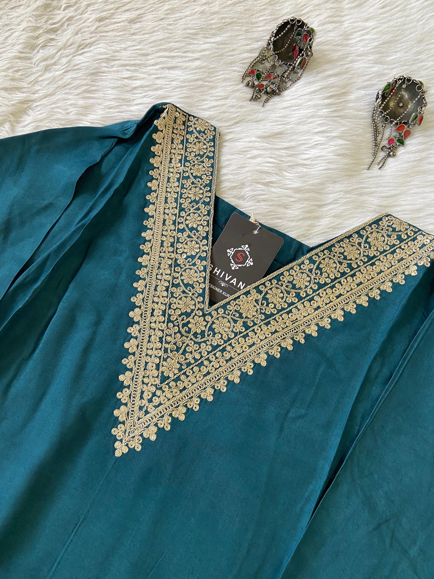 Golden Embroidery Work In VNeck, Silk StraightCut Kurti For Women