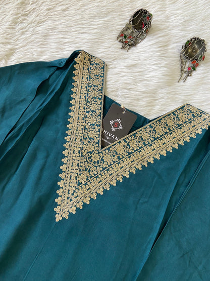 Golden Embroidery Work In VNeck, Silk StraightCut Kurti For Women